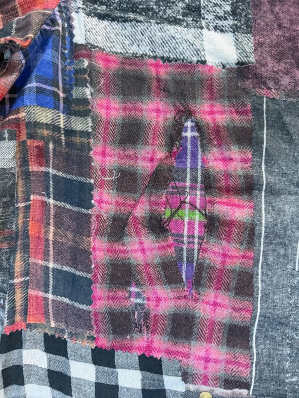 Desigual Men’s Patchwork Plaid Distressed Shirt XXL - 3D Illusion Design - VGUC - Picture 10 of 16